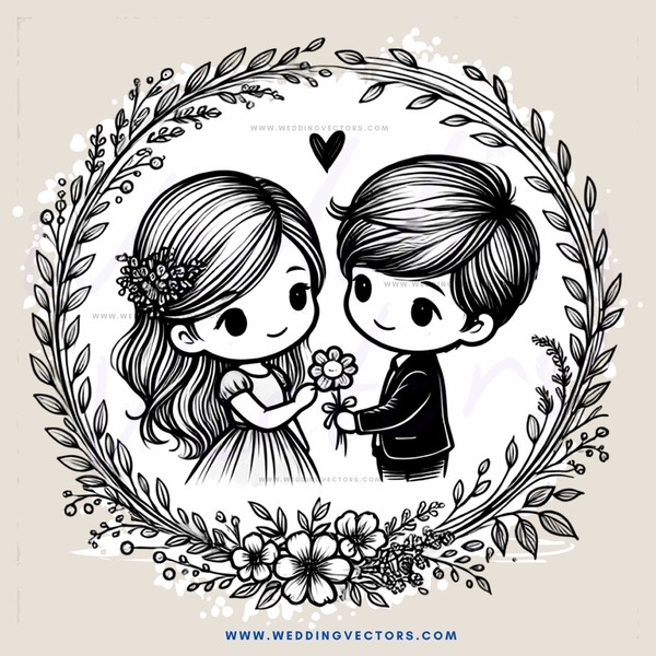 a couple holding hands in a circle with flowers and leaves