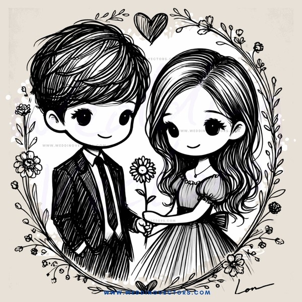 a boy and girl sitting together in an oval shape with flowers on top