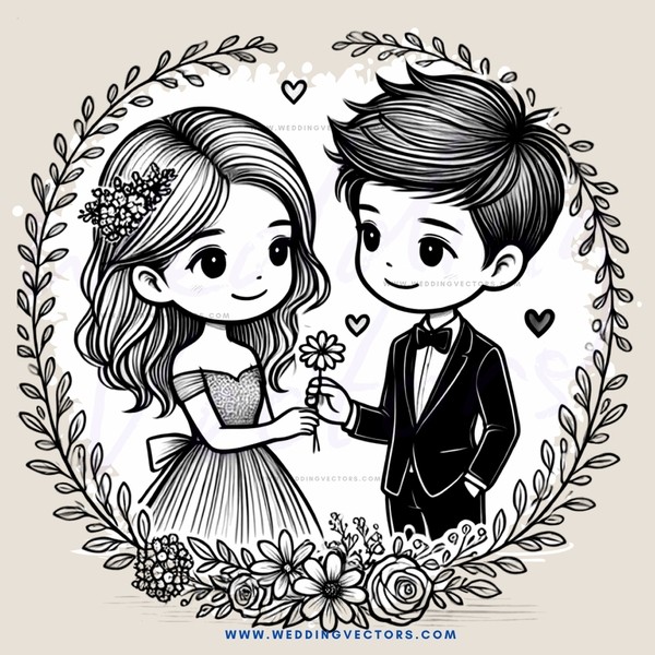 a couple holding flowers and hearts