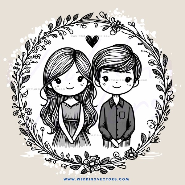 cartoon boyfriend and girlfriend picture in a bouquet