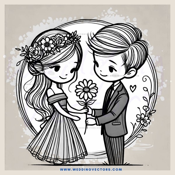 couple standing on round background with flowers and daisy