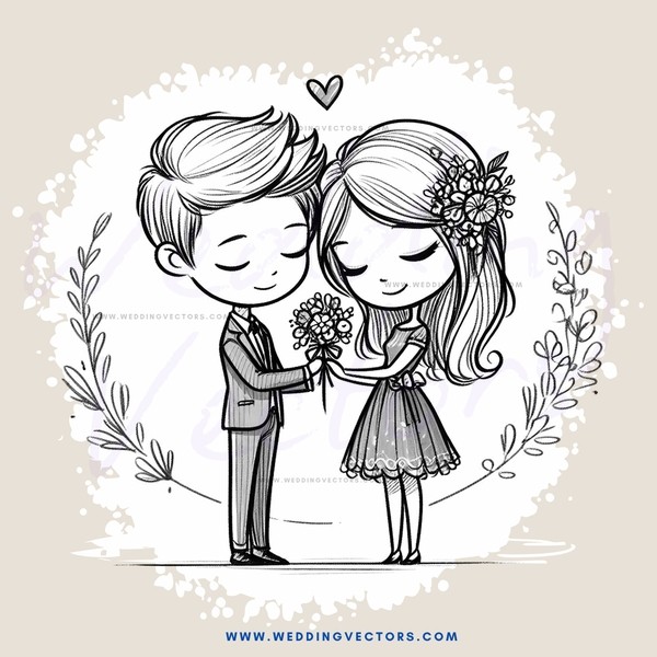 a couple exchanging flowers in a heart frame