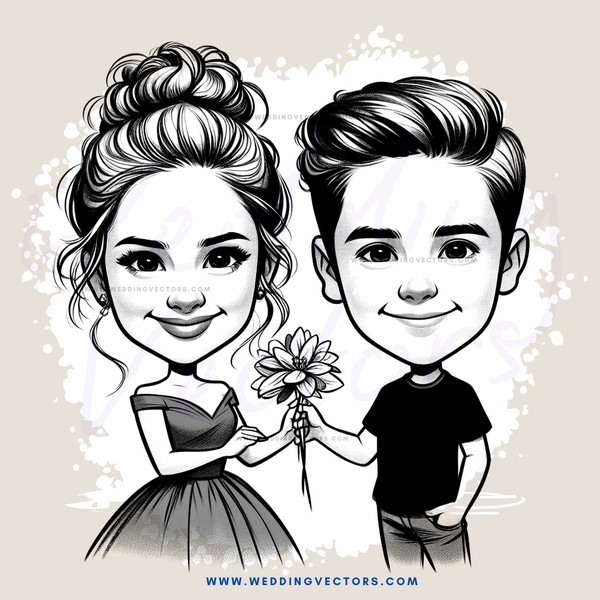 girl holding flower and boy smiling in black and white line drawing