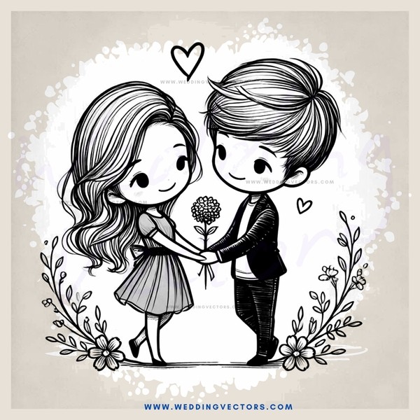 a couple holding hands and flowers in black and white illustration