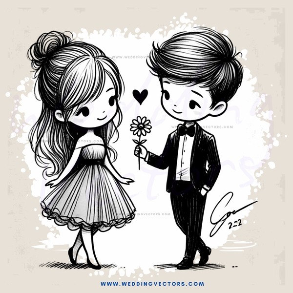 a boy and girl with hearts exchanging flowers