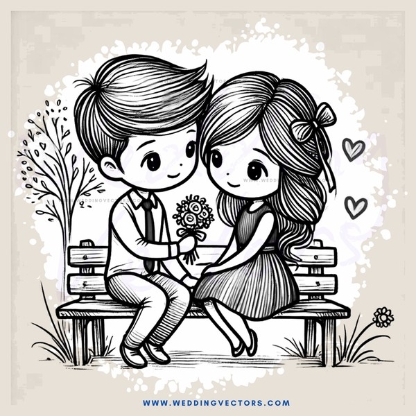 couple on bench with bouquet and flowers