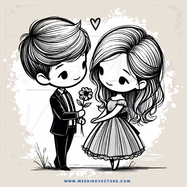 couple in flower dresses and tuxedo smiling at each other