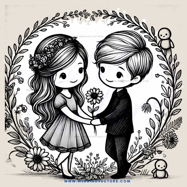 a couple in black and white with flowers and butterflies