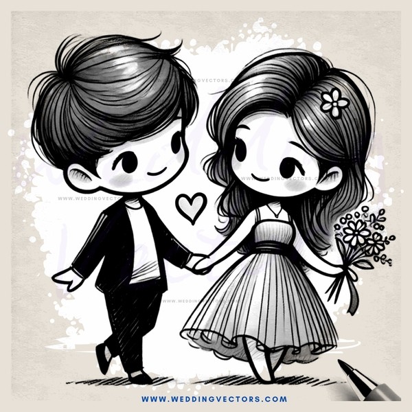 two people walking together, holding flowers and hearts