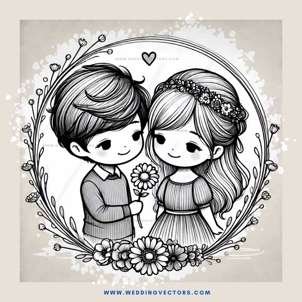 love story in a circle with flowers and leaves
