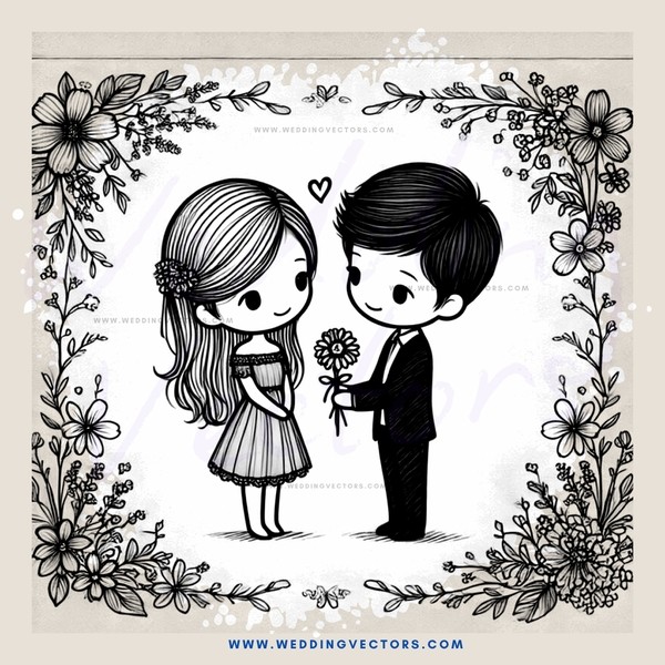 a couple holding flowers and a heart