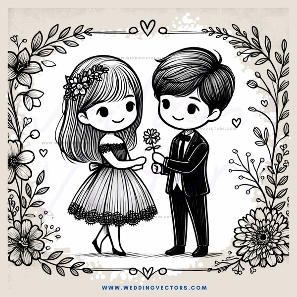 a romantic illustration with two children in matching outfits holding flowers