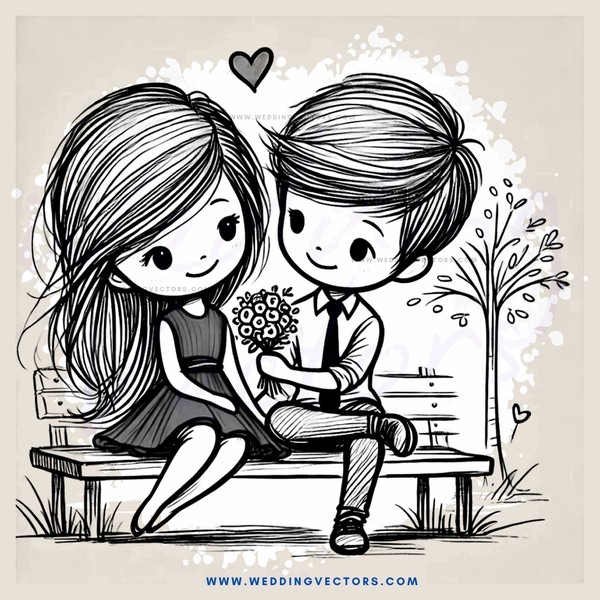 a couple sitting on a bench with flowers and trees in the background
