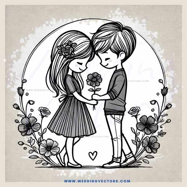 young couple with flowers and heart in picture frame