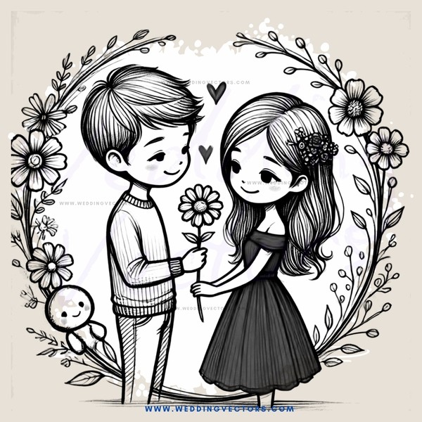 a cartoon boy and girl standing next to each other with flowers in their hands