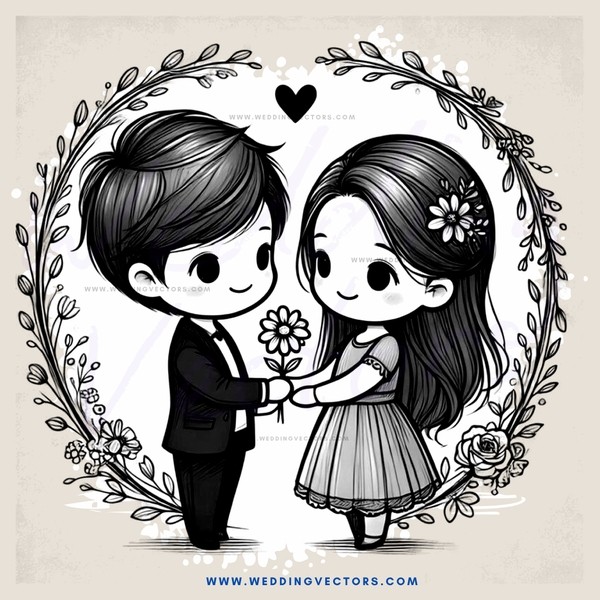 two cartoon lovers holding flowers