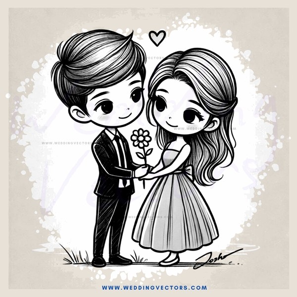 a boy and girl standing together with flowers and signatures on bottom right corner