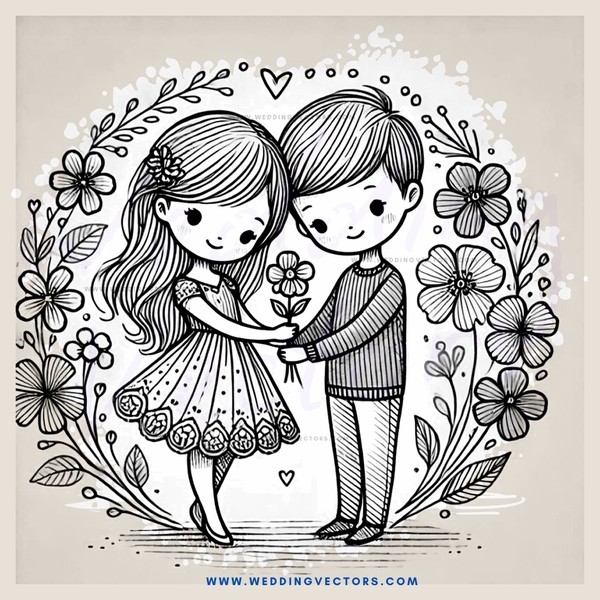young couple embrace in flowers and leaves