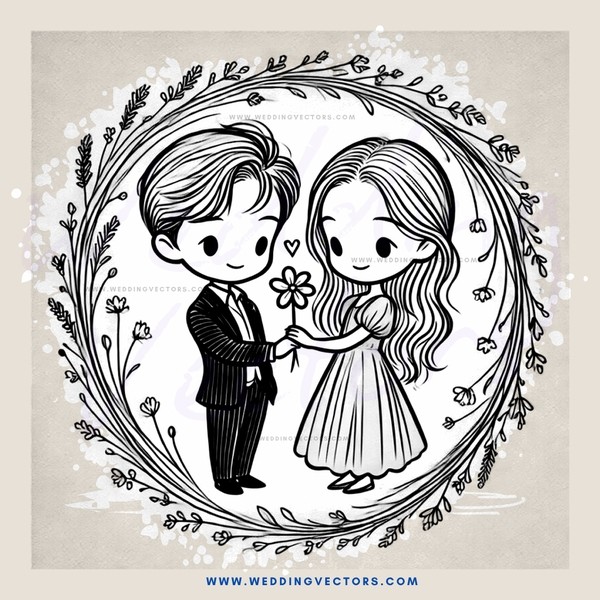 a boy and girl holding flowers in a wreath