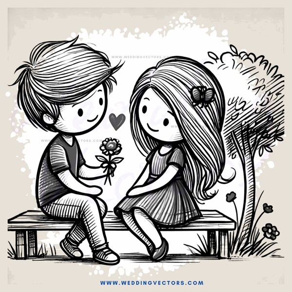 boy and girl sitting on bench with flowers