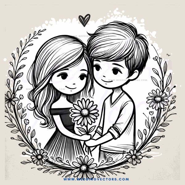 a boy and girl embracing each other with a flower