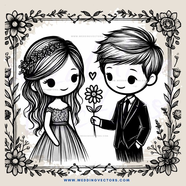 black and white cartoon of boy and girl holding flower