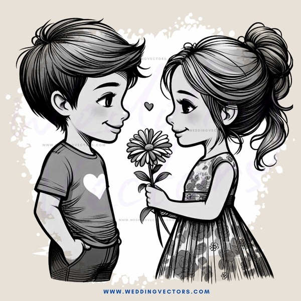 a boy and girl holding flowers