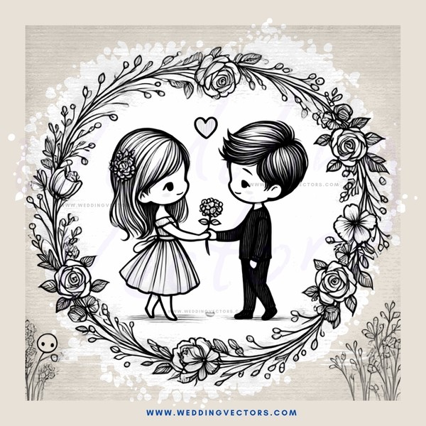 a boy and girl in a rose garland, holding flowers