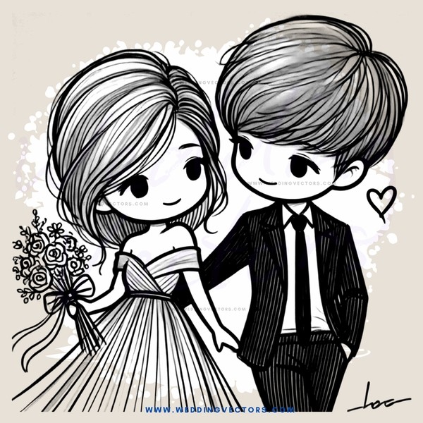 two people in black and white illustration holding hands
