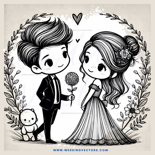 picture with man and woman holding flowers next to teddy bear