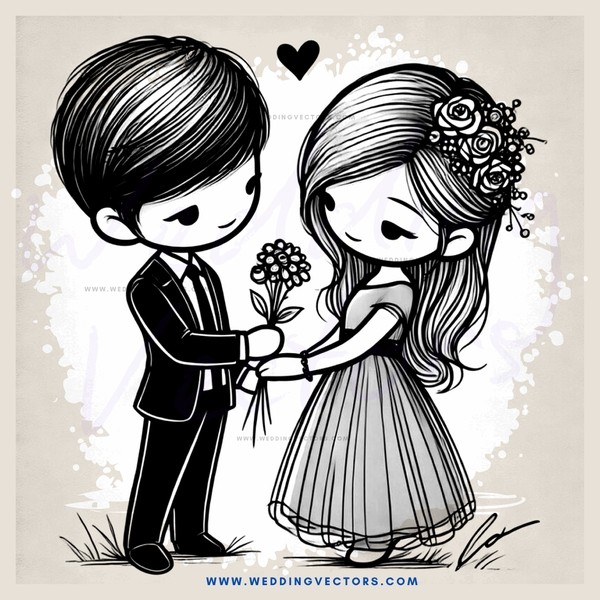couple holding flowers and flower girl's bustle dress