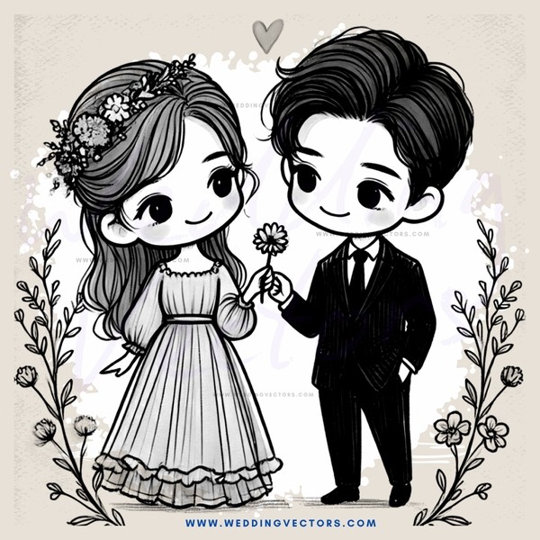 a couple holding flowers and surrounded by plants