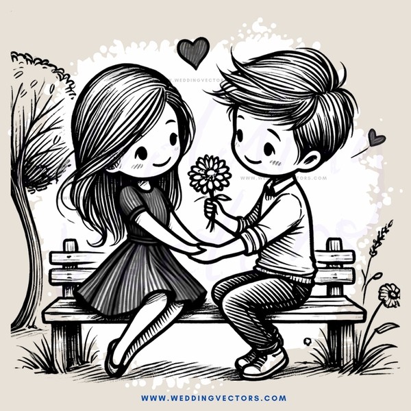 couple on bench holding flower and tree leaves in pocket