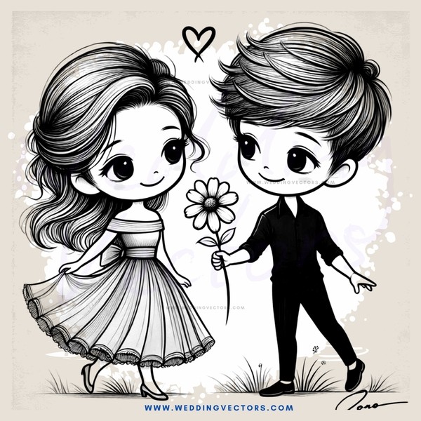 a girl holding a flower next to a boy with black hair