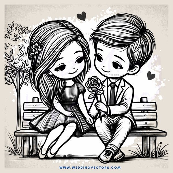 a boy and girl sitting on a bench with flowers and a rose