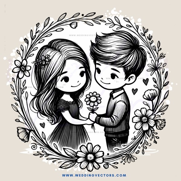 a couple holding flowers in an ornate frame