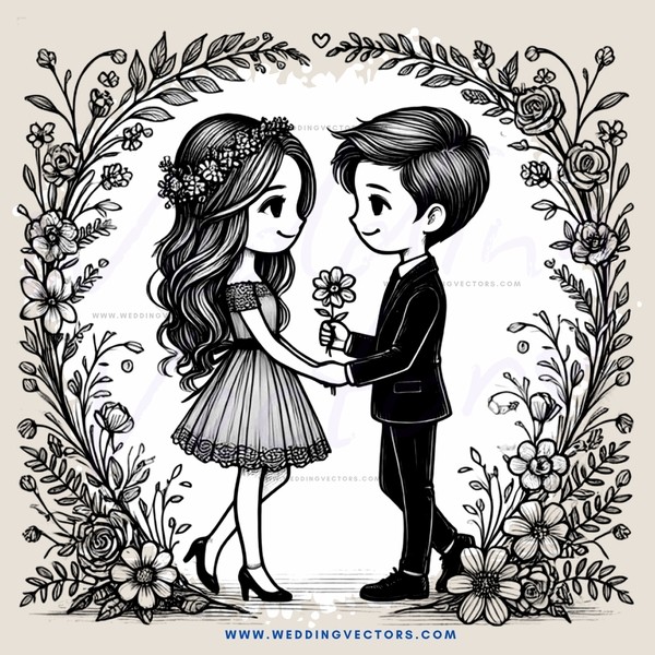 two people in wedding outfits and holding flowers