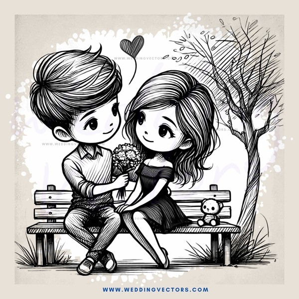 a boy and girl on a bench with hearts and trees