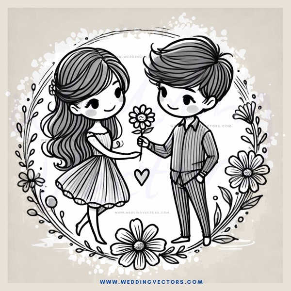 a boy and girl holding flower and heart