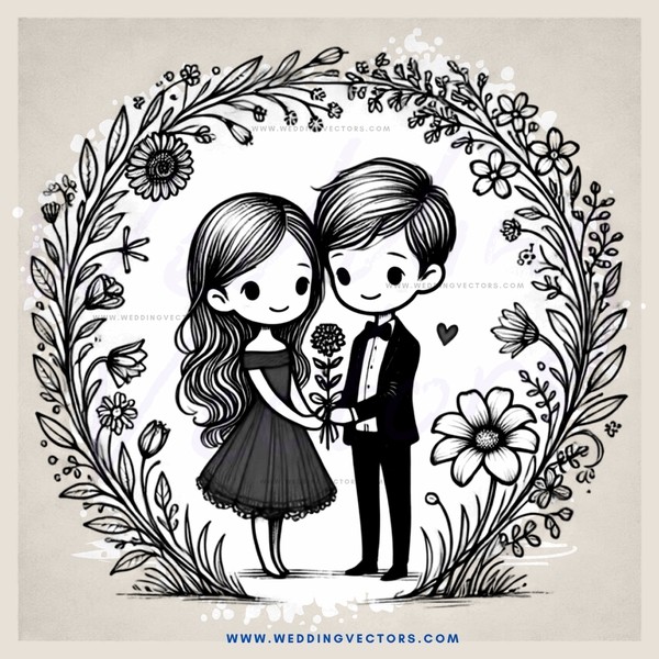 a couple in an embrace, framed by flowers and leaves