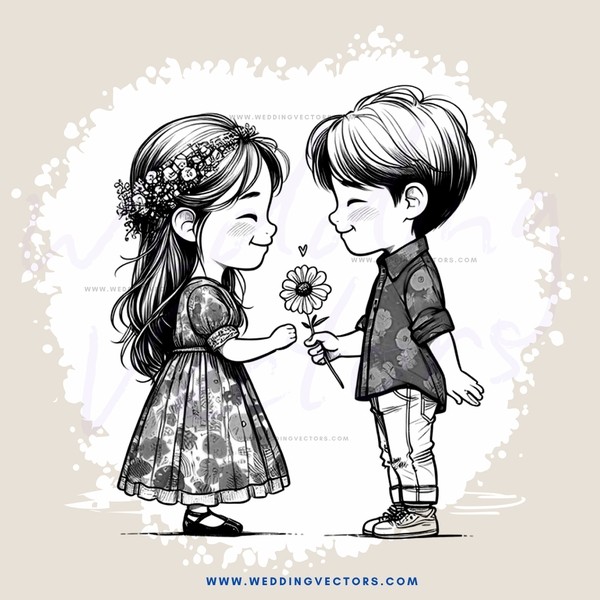 a girl and boy sharing a flower