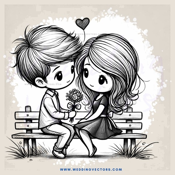 boy and girl sitting on bench in black and white cartoon