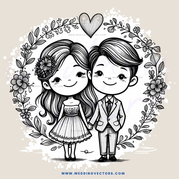 a boy and girl in wedding attire with an outline of flowers around them