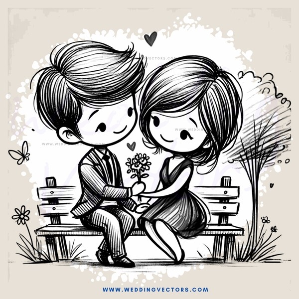 a boy and girl on a bench holding flowers