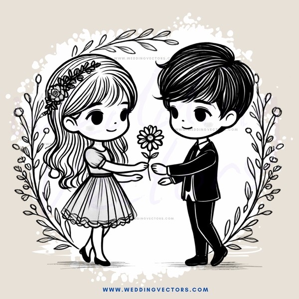 a boy and girl holding flowers and leaves