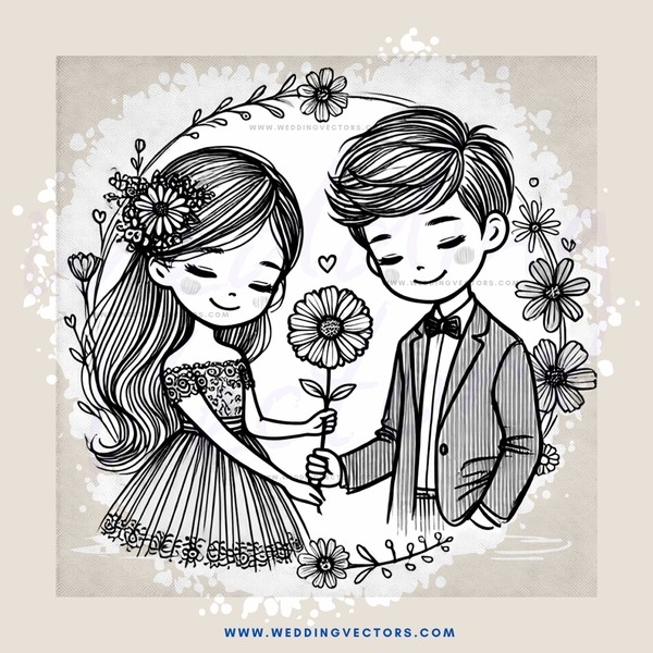 a boy and girl holding a flower
