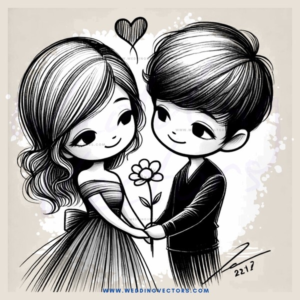 boy and girl in black and white picture with flower on right side