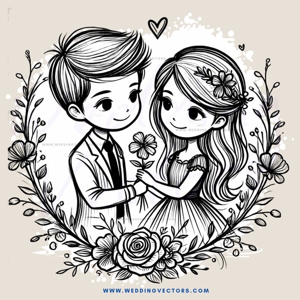 lovers embrace with flowers and leaves