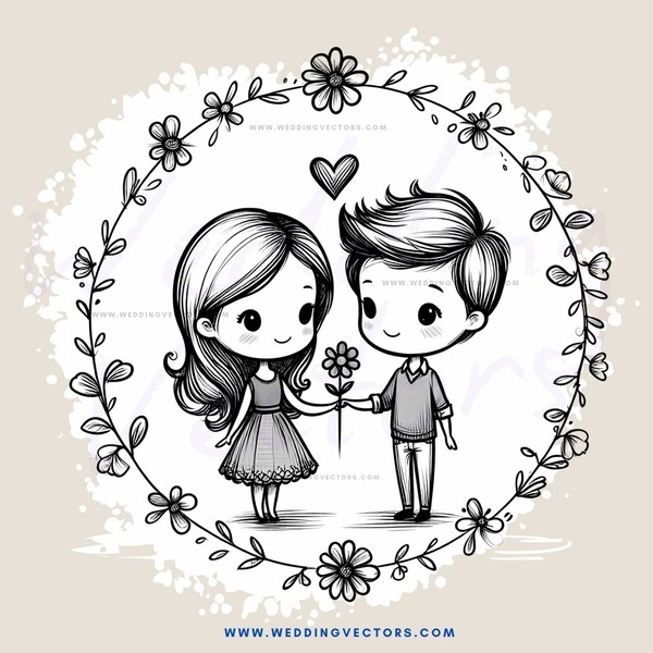 couple hugging in circle with flowers and leaves decoration