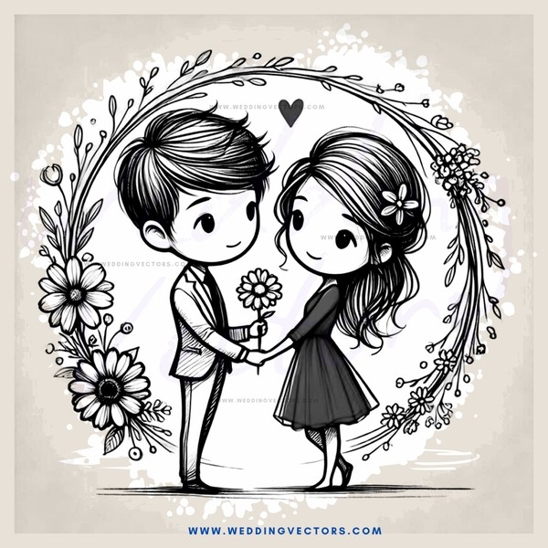 a boy and girl holding flowers and faces, with leaves and flowers in each corner